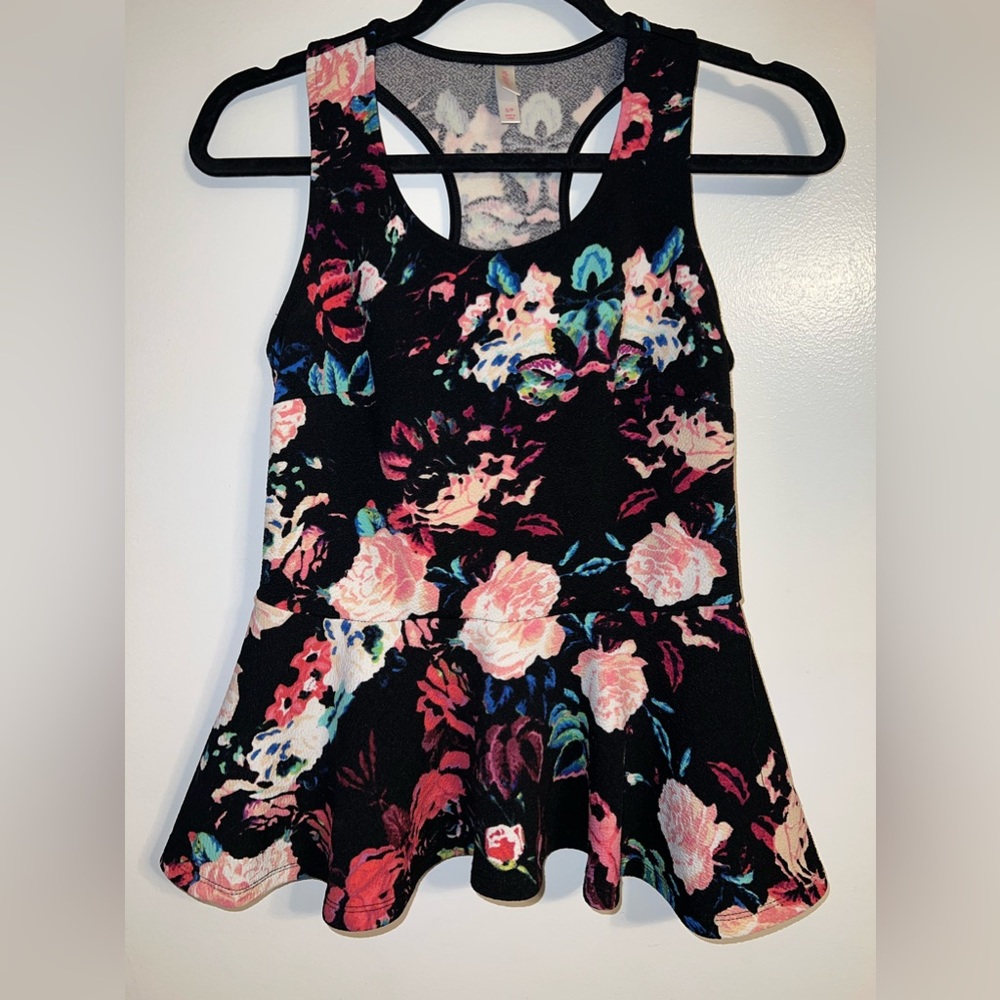 Xhilaration black floral peplum top, blouse, shirt.